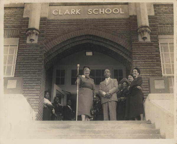 Eleona Brinsmade, visiting teacher with the Monroe City School System, stands left of B.D. Robinson, principal. The photo was taken for the opening of Clark School (originally Monroe Colored High) after redecorating for the 1953-54 school year. Eleona Brinsmade, visiting teacher with the Monroe City School System, stands left of B.D. Robinson, principal. The photo was taken for the opening of Clark School (originally Monroe Colored High) after redecorating for the 1953-54 school year.