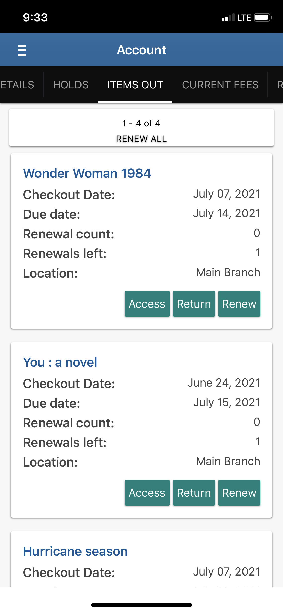 Screenshot of the Library app, showing how to renew items.