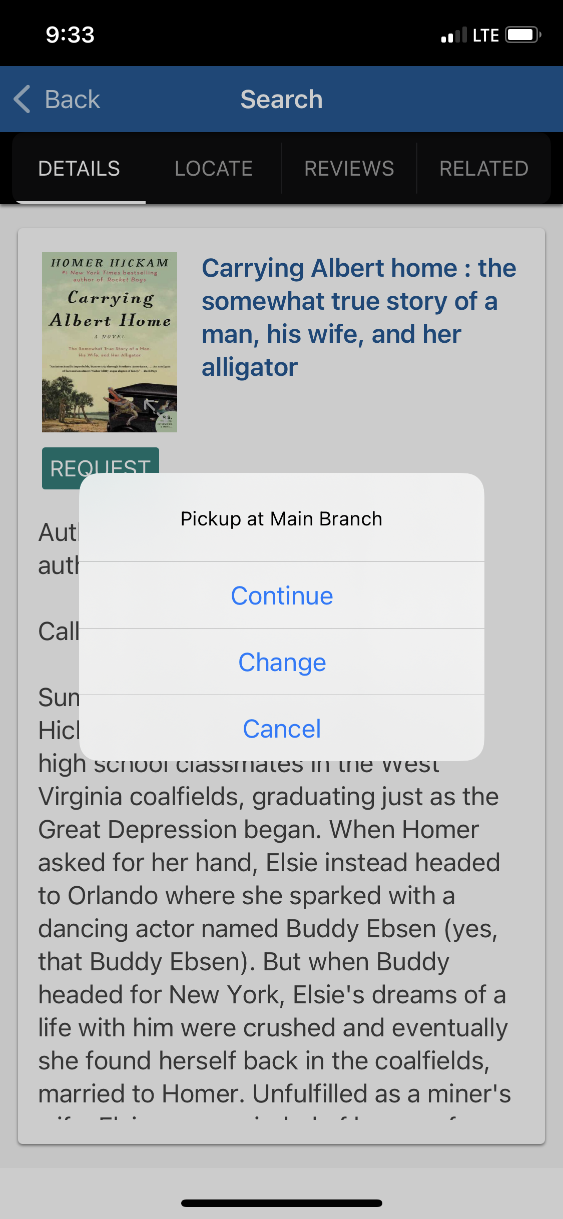 Screenshot of the Library app, showing how to request a book to be placed on hold.