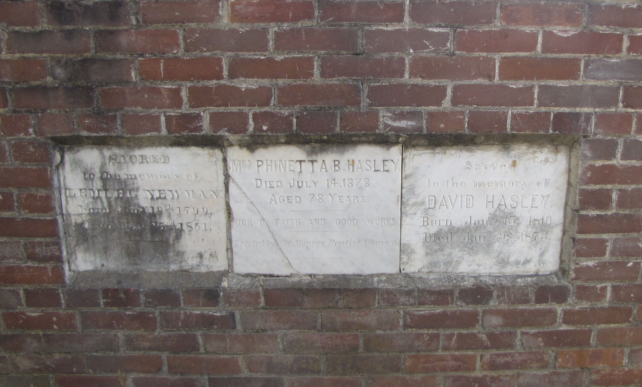 Image of marble markers for Phinetta Hasley, Lemuel Newman and David Hasley
